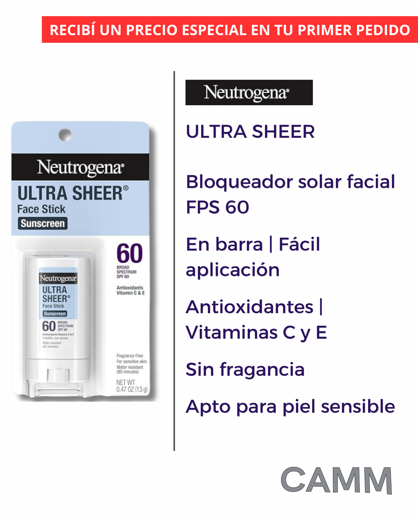 Neutrogena | Bloqueador solar facial en barra | FPS 60